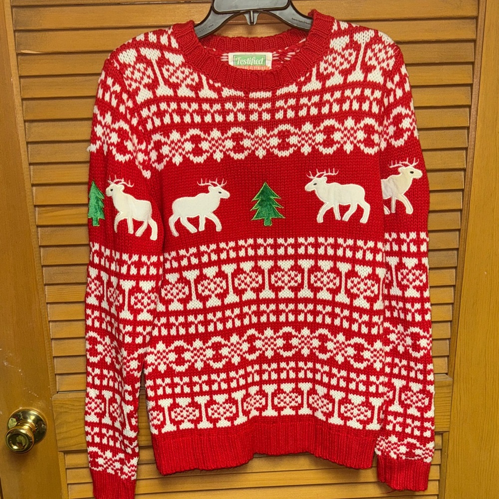 Holiday Time Red and White Crewneck Sweater with Reindeer and Tree